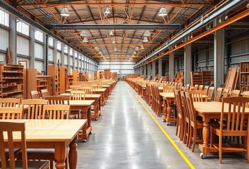 Large-scale indoor furniture production line at Vietnam Maker factory with rows of wooden tables and chairs