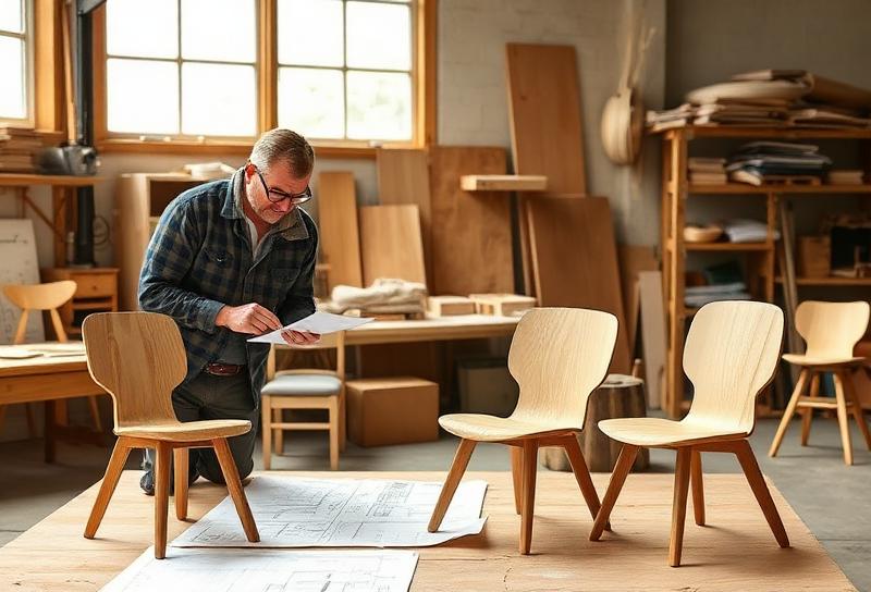 Furniture prototype sampling and development process with craftsman comparing wooden chair samples to technical blueprints