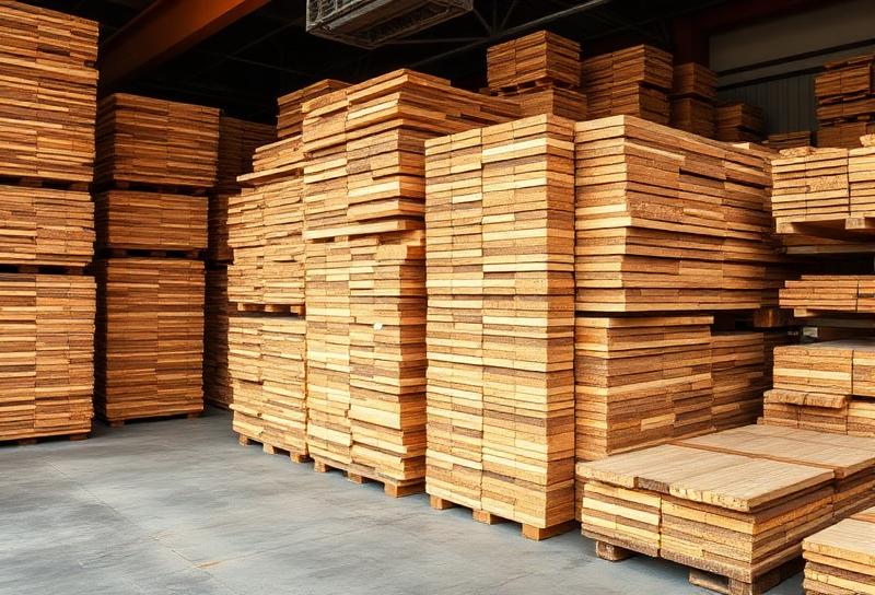 Stacks of premium hardwood lumber including acacia and oak at Vietnam furniture factory warehouse