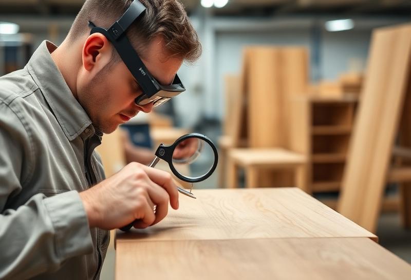 Quality control inspector examining wooden furniture surface finish at Vietnam Maker furniture factory