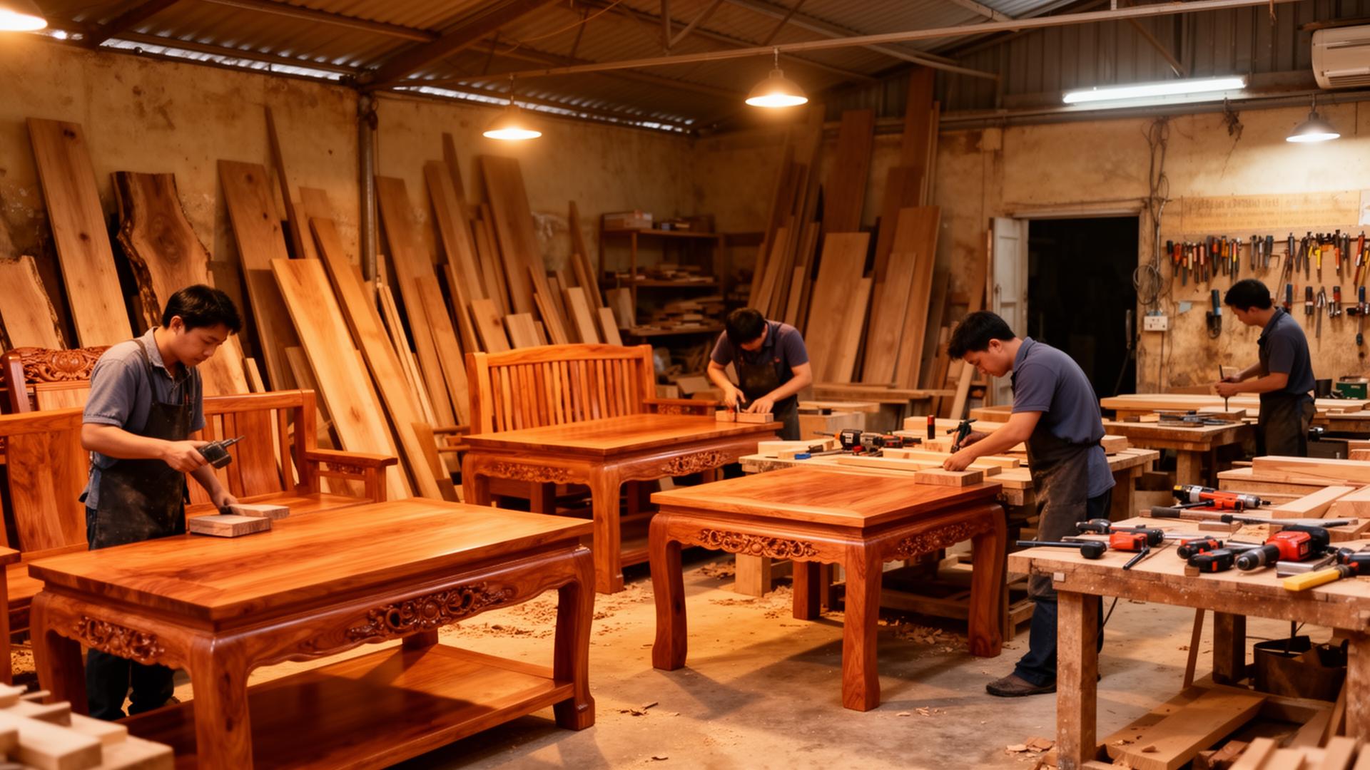 Vietnam furniture workshop with craftsmen handmaking wooden tables and chairs in Binh Duong factory