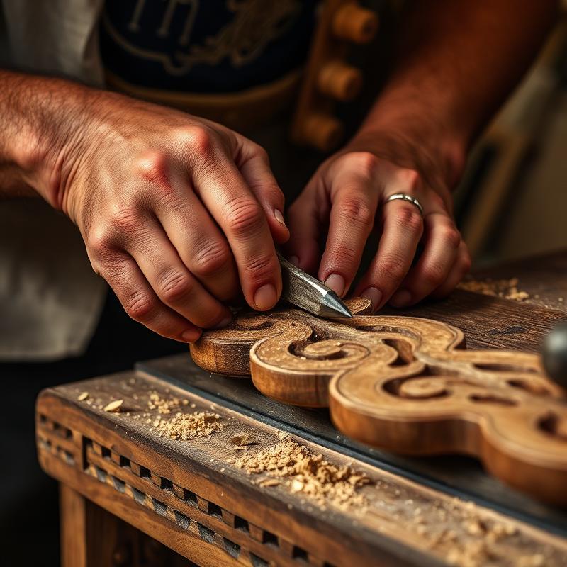 Skilled Vietnamese craftsman hand-carving wooden furniture details in workshop